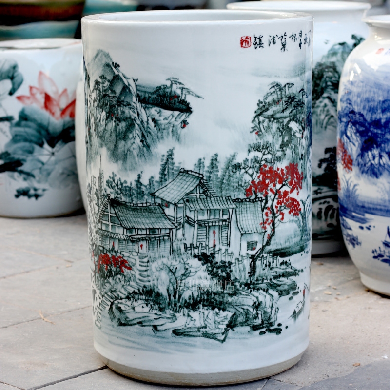 Jingdezhen ceramic hand - made landscape painting vase household living room office furnishing articles study calligraphy and painting scroll to receive goods