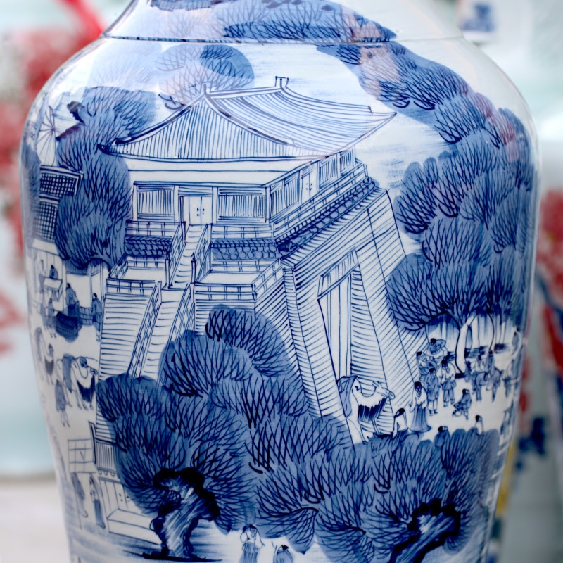 Blue and white porcelain of jingdezhen ceramic qingming scroll big vase home sitting room ground flower arranging furnishing articles adornment