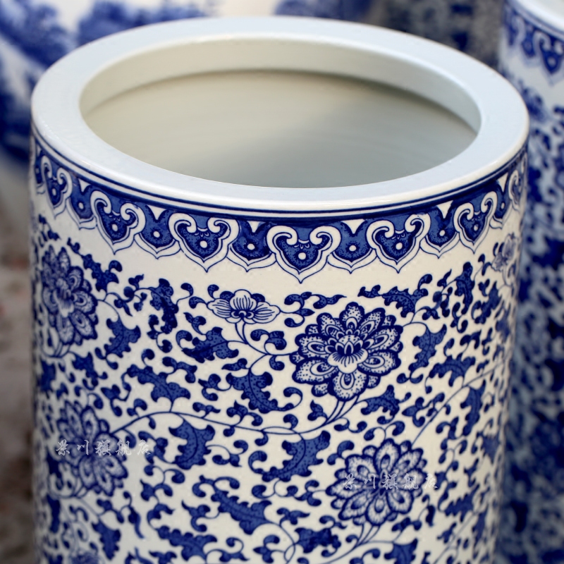 Jingdezhen ceramics big vase furnishing articles hand - made antique blue - and - white bound lotus flower of large quiver painting and calligraphy calligraphy and painting