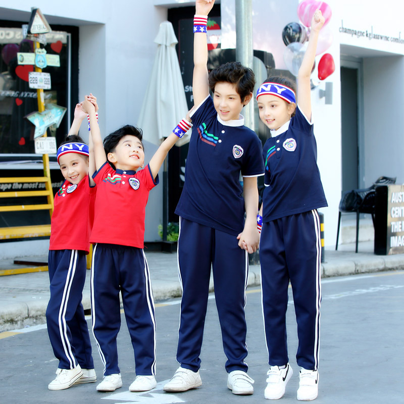 Primary school uniforms pure cotton red 4th grade male and female child banfu short sleeve long pants Games Gymnastics Suit Blue