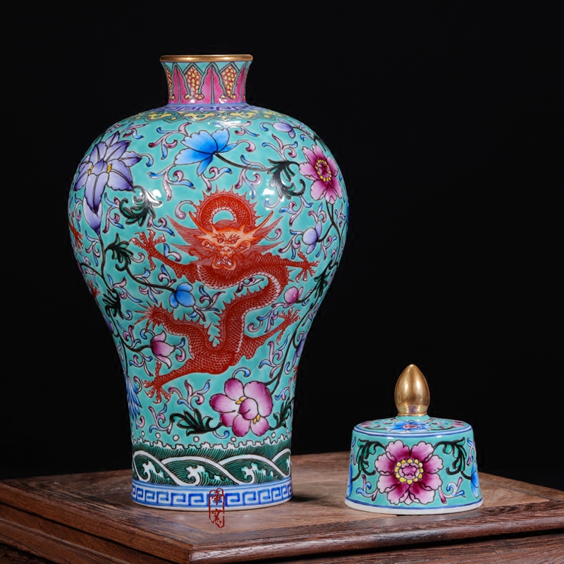 Jingdezhen porcelain vases, antique hand - made enamel pastel color green dragon cover half the name plum bottle vase furnishing articles
