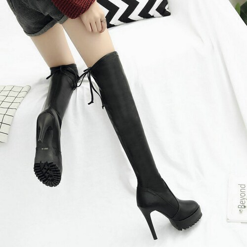 长筒靴子女冬2017新款长靴过膝弹力韩版加绒棉靴百搭高跟粗跟皮靴_7折