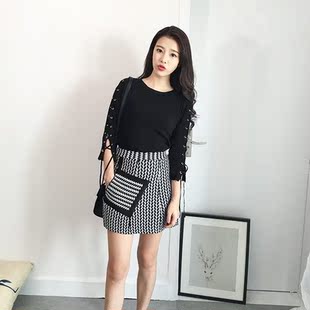 秋季新款针织套装韩版圆领系带针织上衣黑白条纹针织包裙两件套女
