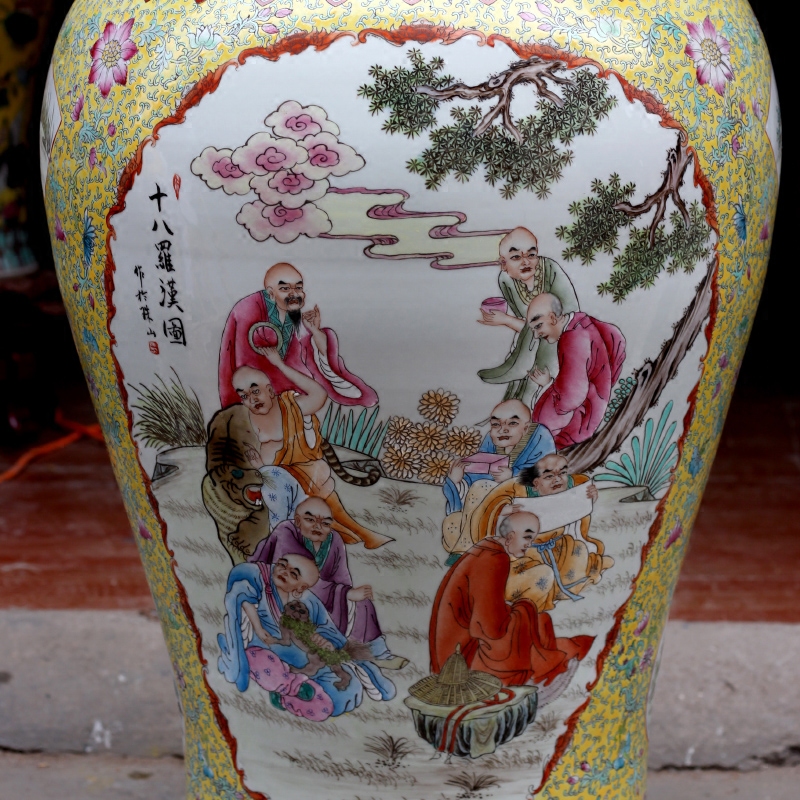 Jingdezhen ceramic general tank hand - made of pastel 18 arhats sitting room of large vase household stores furnishing articles