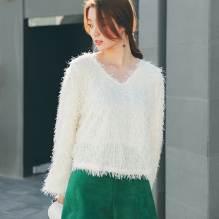 流苏autd new 2017 look 早春新款 流苏上衣女v领宽松长袖t恤