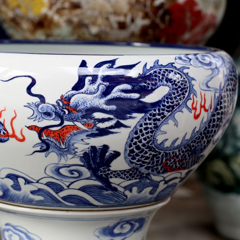 Jingdezhen ceramics hand - made dragon playing bead figure goldfish turtle sitting room of Chinese style of large cylinder household furnishing articles