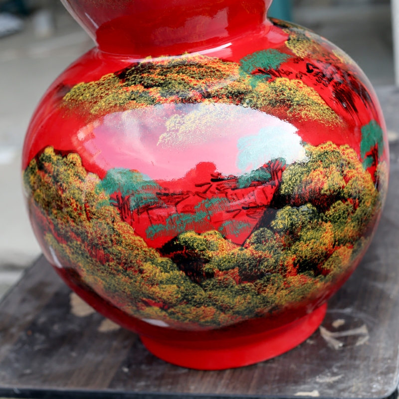 Jingdezhen ceramic hand - made landscape painting Chinese red vase sitting room office mesa study gourd place adorn article