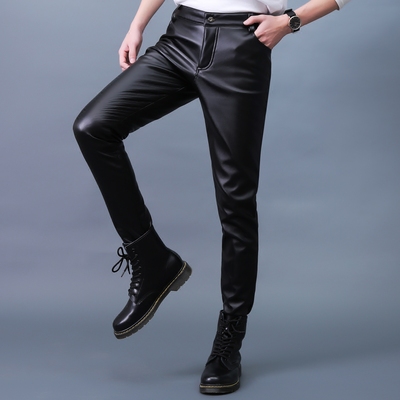 秋冬季男士皮裤紧身青年弹力小脚修身韩版摩托车pu皮裤加绒加厚款