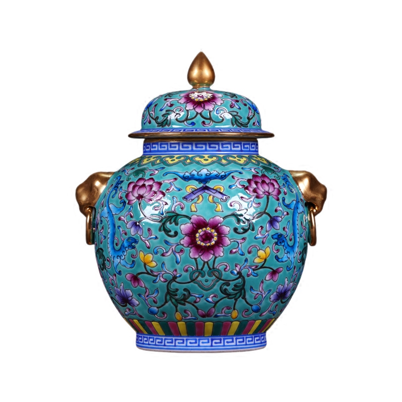 Jingdezhen ceramics archaize the qing qianlong trace golden lion ear tank enamel vase Chinese crafts are sitting room