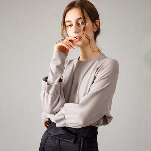无拘原创设计女装秋季新款宽松长袖外穿收褶袖口插肩袖t恤上衣_7折