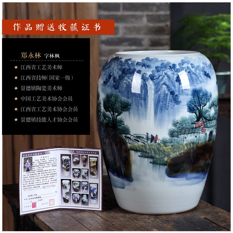 Jingdezhen ceramics vase furnishing articles by hand - made up with landscape picture tube of new Chinese style porch decoration