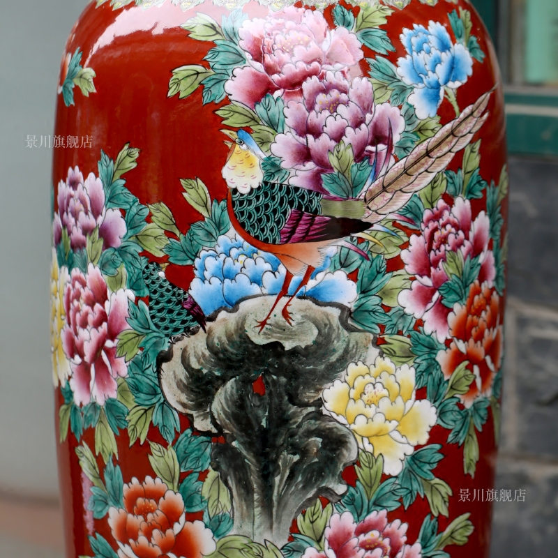 Chinese red hand - made of golden pheasant vase peony flower arranging landing big jingdezhen ceramic guest modern Chinese style household furnishing articles