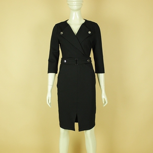 liwai例外88029正品2016秋季新款修身显瘦翻领纯色七分袖连衣裙女