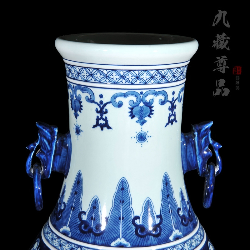 Jingdezhen ceramics hand - made double elephant ears in extremely good fortune of the big vase of blue and white porcelain classical home furnishing articles