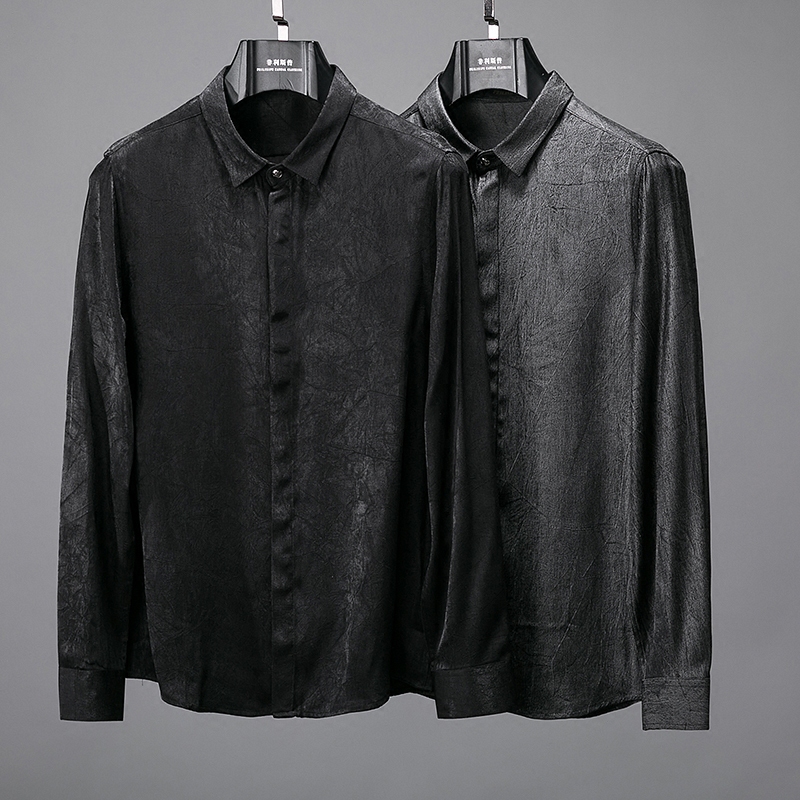 【天天特价】高档天丝真丝质感秋抗皱免烫衬衣男商务修身长袖衬衫