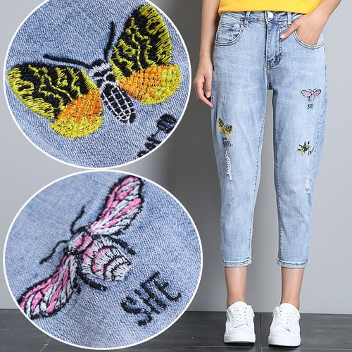 民族风绣花蝴蝶七八分裤女刺绣破洞百搭萝卜小脚裤高腰牛仔裤薄款_7折