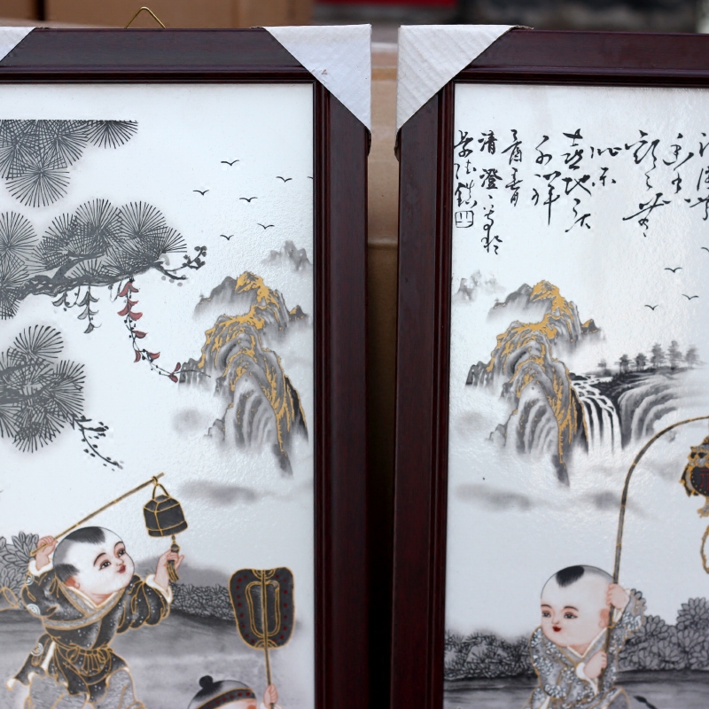 Jingdezhen ceramic painting the lad modern home sitting room adornment picture porcelain plate four screen background picture hangs a picture