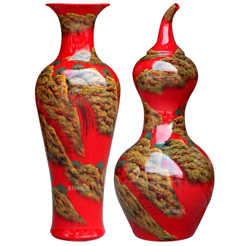 China jingdezhen ceramics high temperature red large vase hand - made landscape painting gourd porcelain decorative furnishing articles