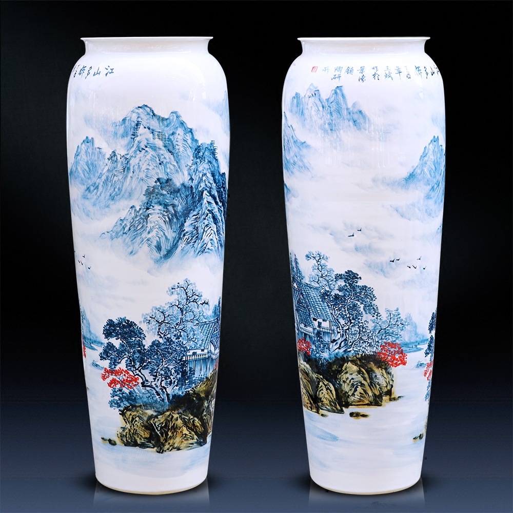 Jingdezhen landing big hand blue and white porcelain vases, ceramic large sitting room place flower arranging, decorative arts and crafts
