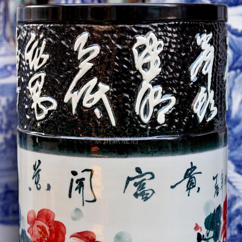 Hand - made color peony blooming flowers sitting room of large vases carved porcelain of jingdezhen ceramics quiver