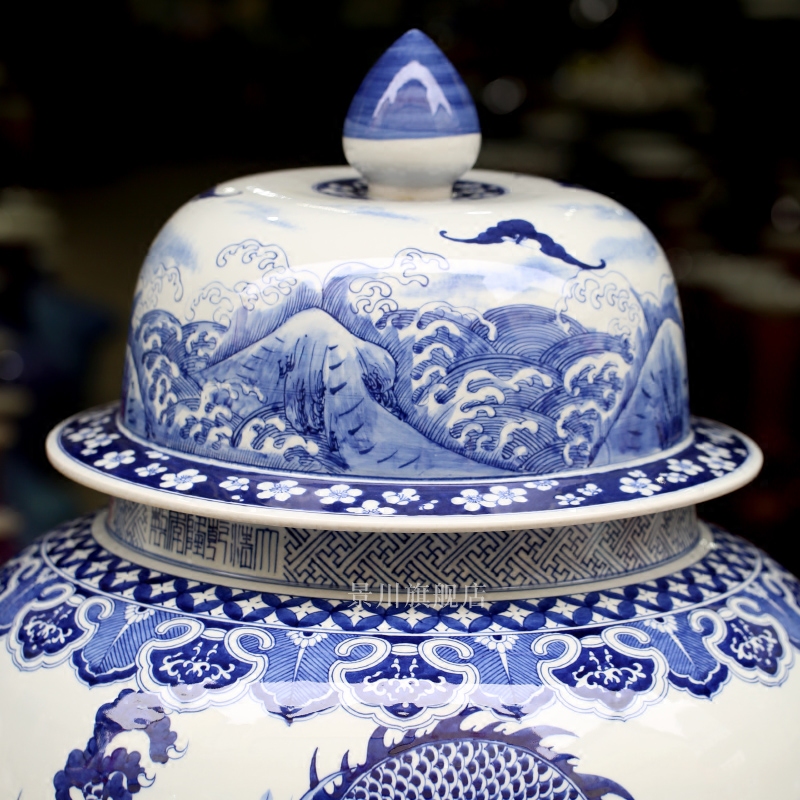 Jingdezhen blue and white porcelain hand - made dragon playing pearl sitting room of large vase household ceramics general furnishing articles large tank