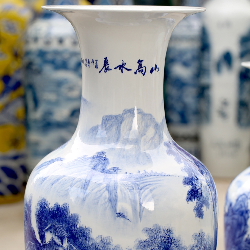 Jingdezhen blue and white porcelain ceramic big vase hand - made mountain high ShuiChangTu furnishing articles sitting room of Chinese style household ornaments