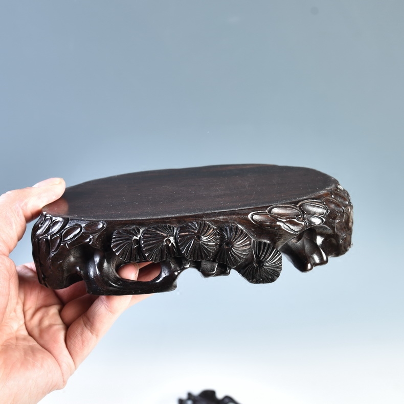 Ebony woodcarvings stone base solid wood oval jade stone base mount taishan stone base flower miniascape of base frame