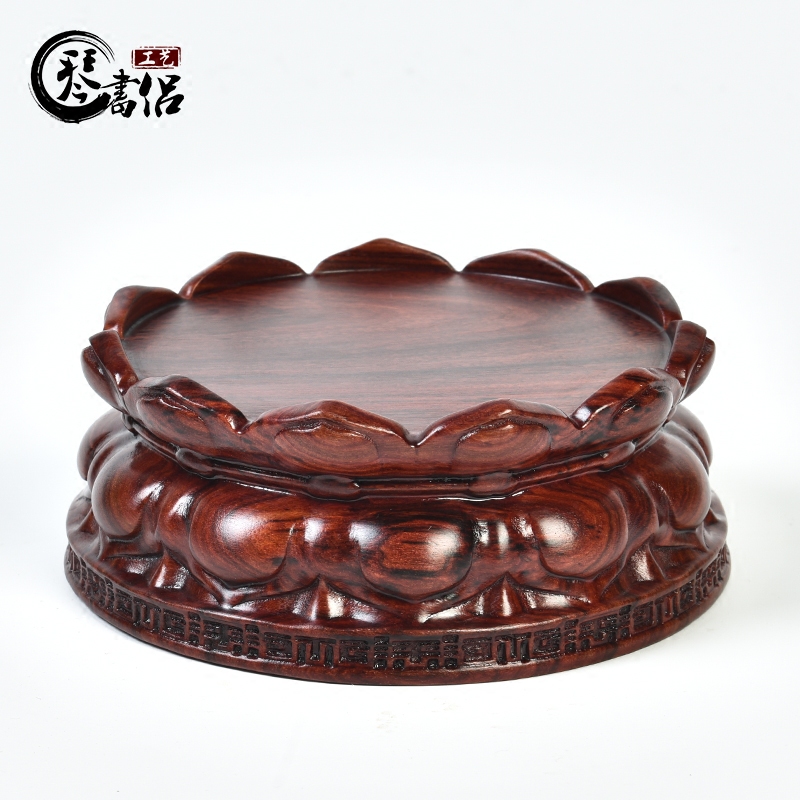 Red sandalwood lotus base solid wood round wooden jade penjing bodhisattva guanyin Buddha base vase base