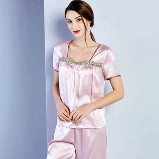 珊目尔桑蚕丝真丝睡衣女夏季两件套装短袖短裤高贵丝绸蕾丝家居服