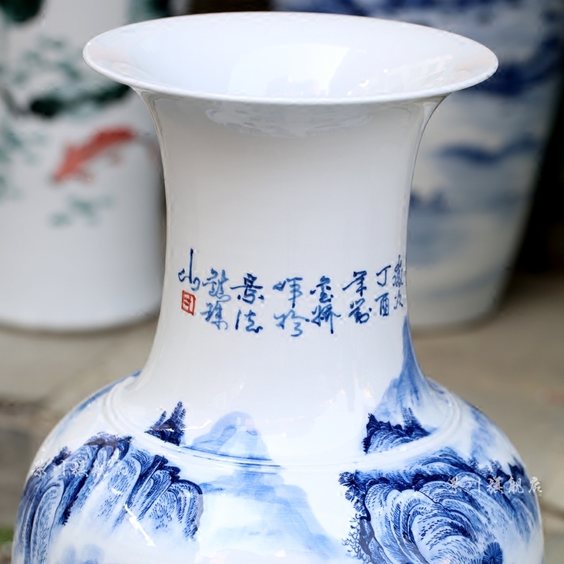 Blue and white landscape big vase jingdezhen ceramics hand - made sitting room adornment landing place hotel opening gifts