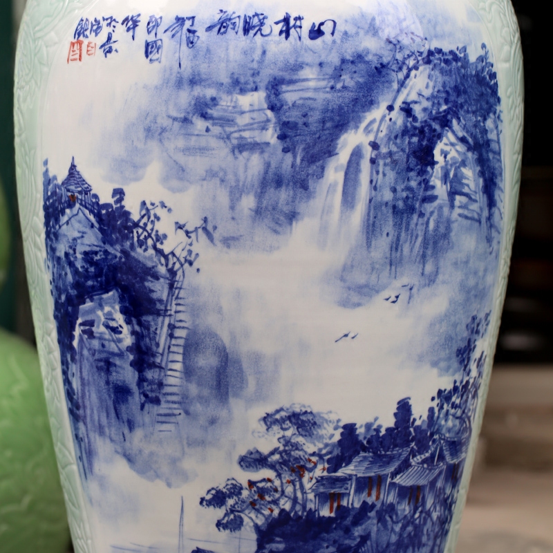 Hand - made mountain dawn rhyme landing big blue and white porcelain vase jingdezhen ceramic home sitting room hotel office furnishing articles