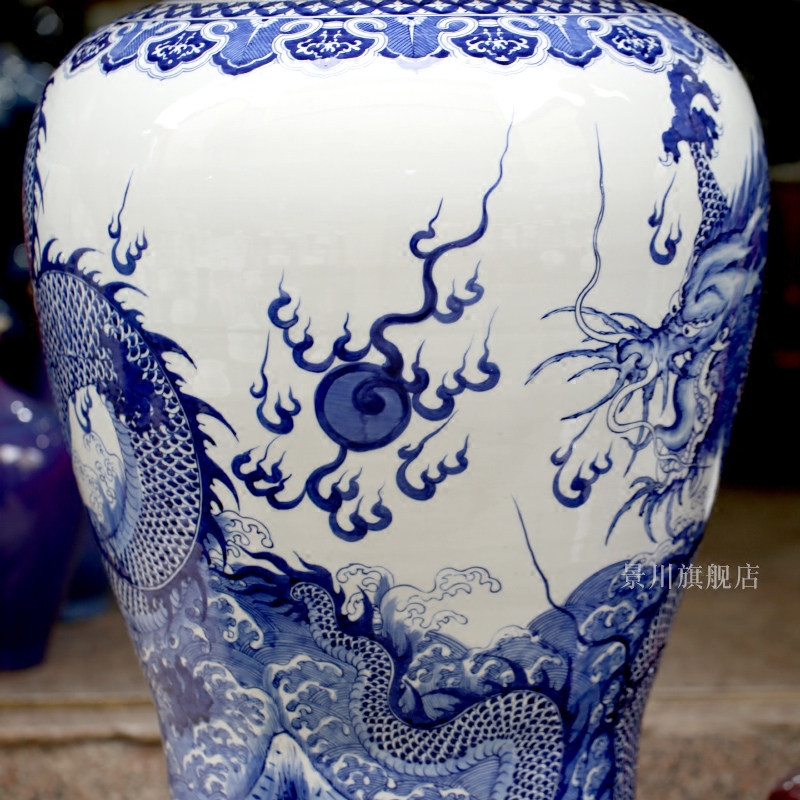 Jingdezhen blue and white porcelain hand - made dragon playing pearl sitting room of large vase household ceramics general furnishing articles large tank