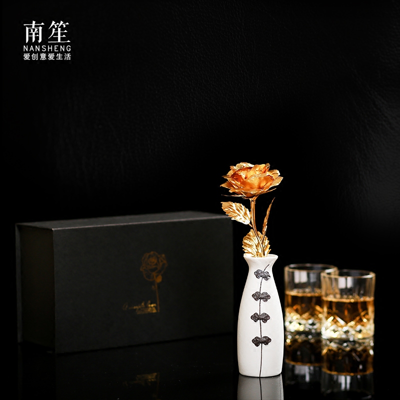 Nan sheng household act the role ofing is tasted furnishing articles simulation flower arranging golden rose ceramic floret bottle set creative mini gift box