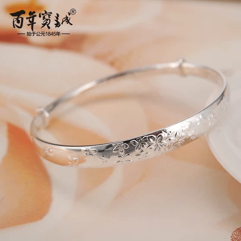百年宝诚 桃花足银手镯女 时尚民族风走马圈银镯子送女友手镯银饰
