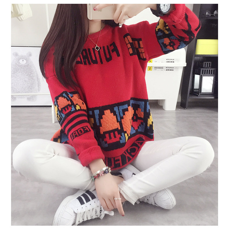 秋装新款卡通图案提花针织衫套头大毛衣女宽松