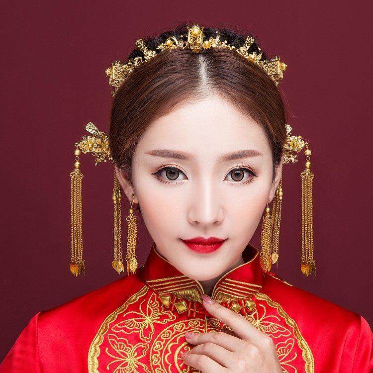 中式金色新婚额饰发型复古秀禾服婚礼新娘头饰大气秀禾新款简约