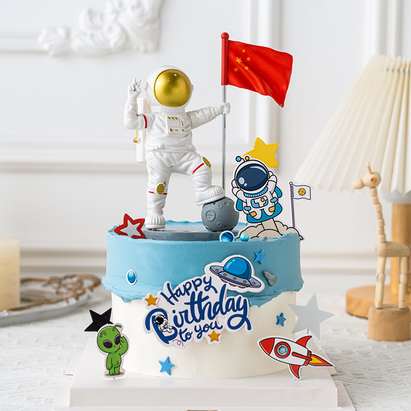 比耶宇航员蛋糕装饰网红太空人摆件儿童生日航天飞机火箭星球插件