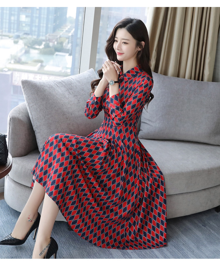 春季新款高腰大摆印花雪纺连衣裙