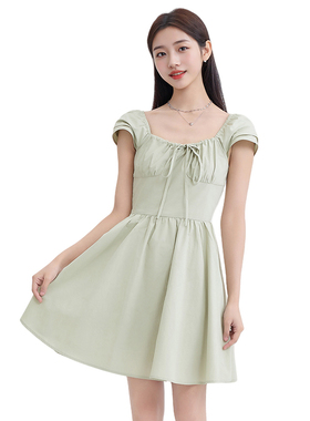 三福连衣裙2024新款夏季双层小飞袖小众设计法式收腰短裙子女装