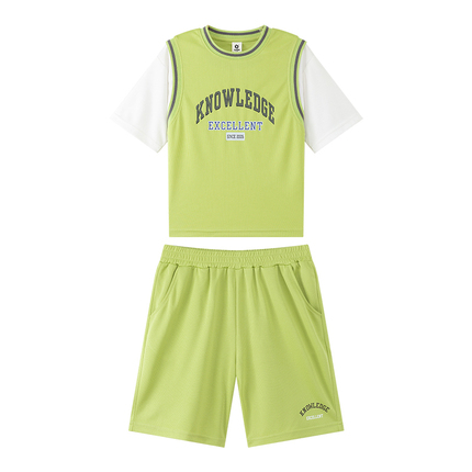 左西童装男童运动短袖套装儿童假两件网眼篮球服夏季2024新款夏装