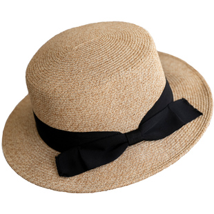 大码 草帽女夏季 遮阳帽女款 时尚 防晒帽子女士草编平顶太阳帽可折叠