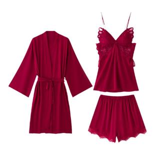 睡袍三件套装 夏季 凉感睡衣结婚新婚情侣红色冰丝男女士款 吊带短裤