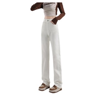 高腰直筒牛仔裤 米白色加长裤 女2024夏季 百搭时尚 新款 拉夏贝尔新款