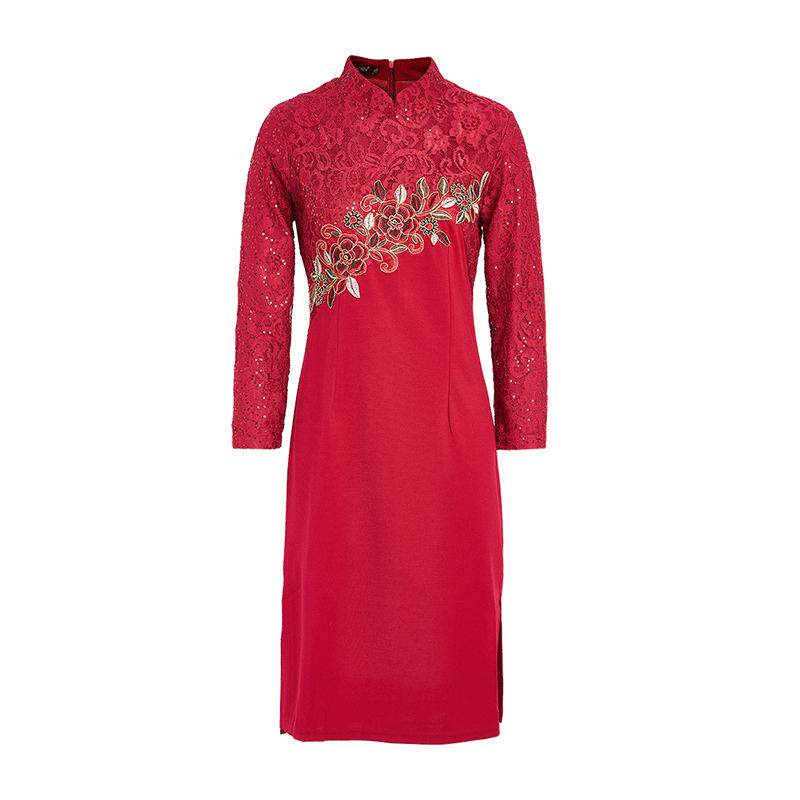 马天奴女装早秋新款红色绣花旗袍连衣裙中式婚宴长裙喜婆婆礼裙