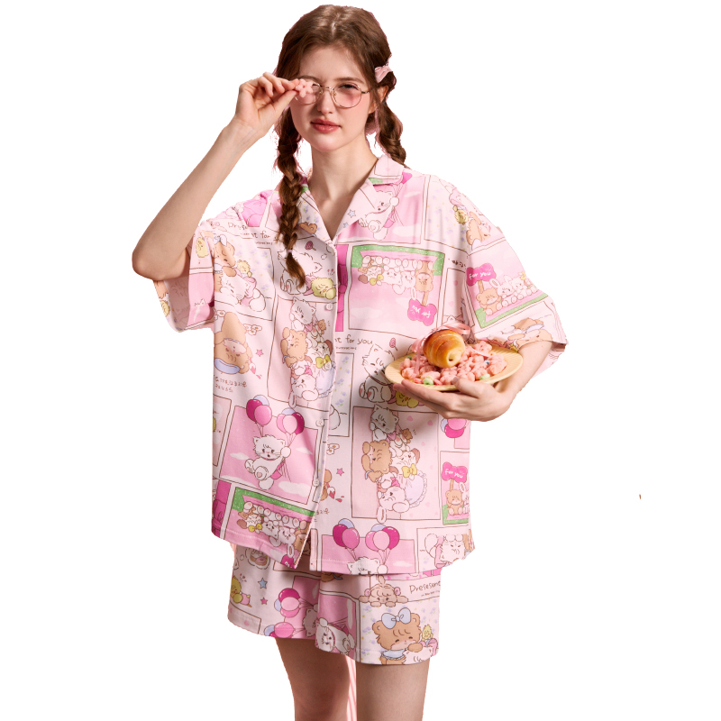 Gukoo/果壳睡衣女夏mikko系列满印短袖开衫夏季家居服套装-封面