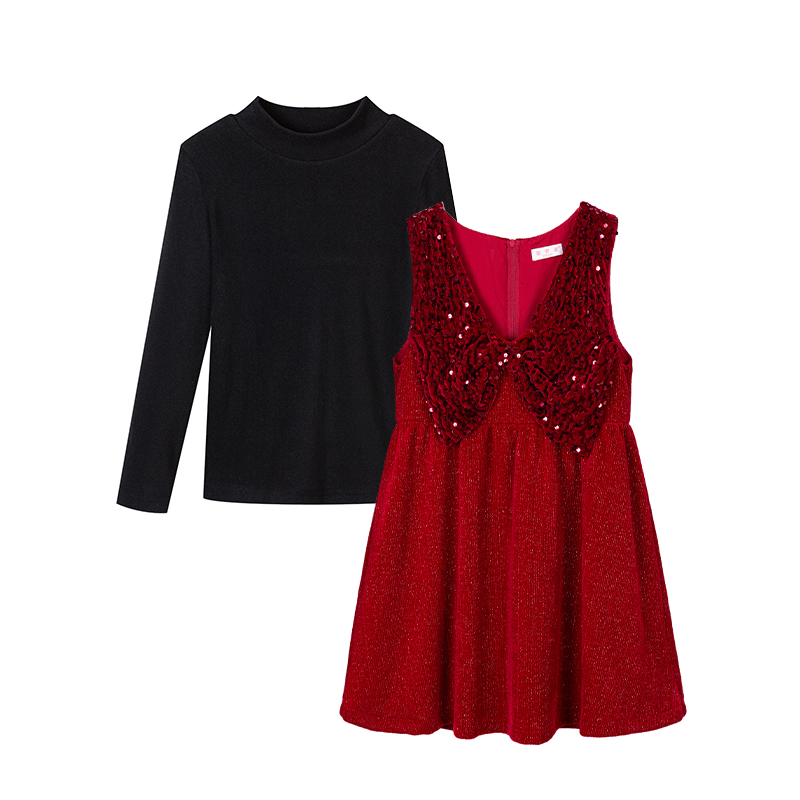 富罗迷女童连衣裙套装冬季新款洋气女孩高级红色新年公主裙两件套