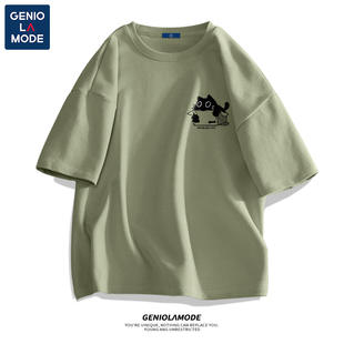 Genio ins潮流男生小猫绿色半袖 t恤男2024夏季 Lamode日系纯棉短袖
