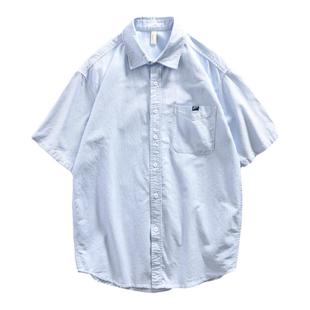 男夏季 日系水洗衬衣宽松大码 衬衫 希越小清新蓝色条纹短袖 纯棉外套