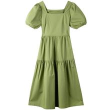 法式 新款 方领连衣裙子蛋糕裙长裙 女装 热风绿色连衣裙2024年夏季