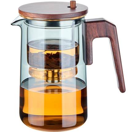 飘逸杯泡茶壶全玻璃内胆一键过滤茶水分离按压式冲茶壶胡桃木茶杯
